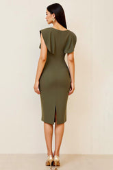 Olive Figurbetontes Midi Partykleid mit Rüschen und V-Ausschnitt